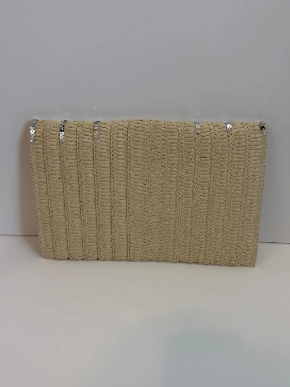 Lane Bryant Beige Straw Clutch with Silver Sequin Accents